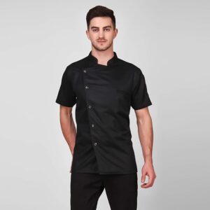 Black Chef Coat with Red Piping & White Buttons | Half Sleeve Kitchen Uniform (Without Print)