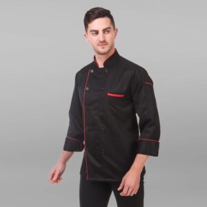 Customized Plain Black Chef Coat with Red Piping & Buttons | Premium Restaurant & Hotel Uniform (Without Logo Print)