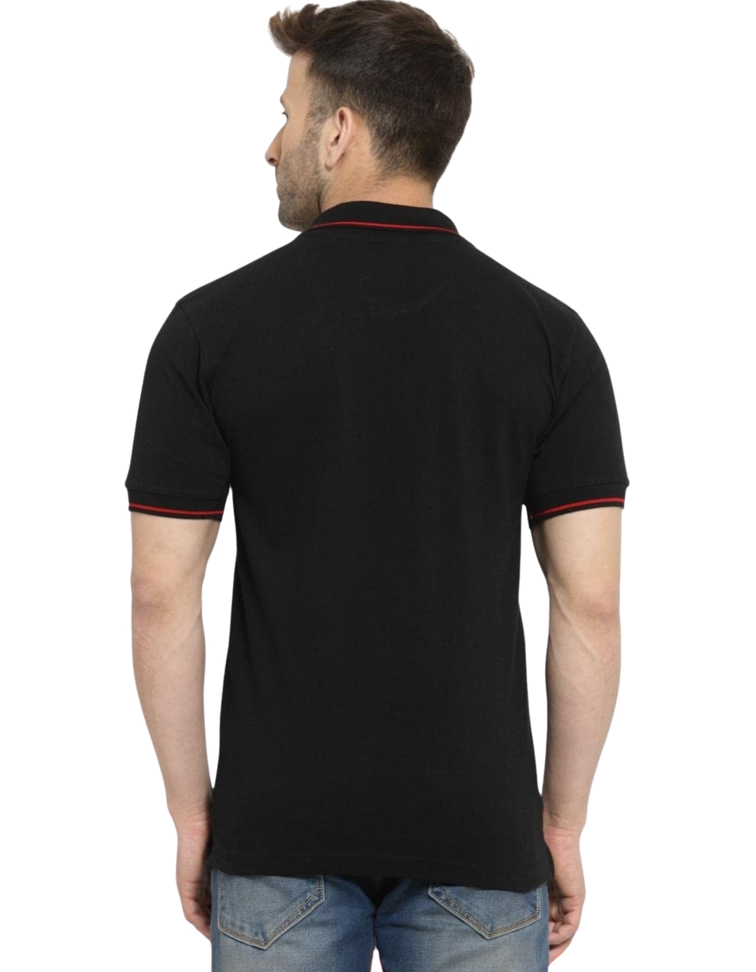 Men’s Black Polo T-Shirt with Red Collar & Sleeve Detailing Men’s Black Polo T-Shirt with Red Collar & Sleeve Detailing