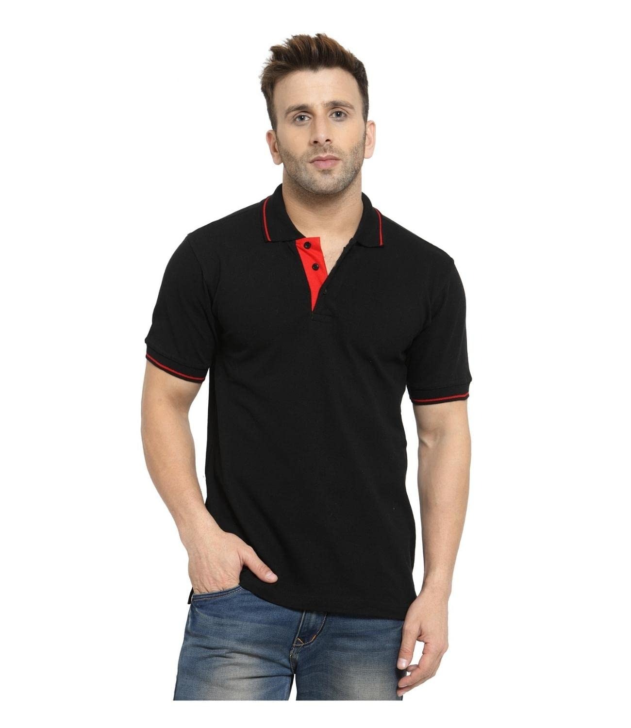 Men’s Black Polo T-Shirt with Red Collar & Sleeve Detailing Men’s Black Polo T-Shirt with Red Collar & Sleeve Detailing