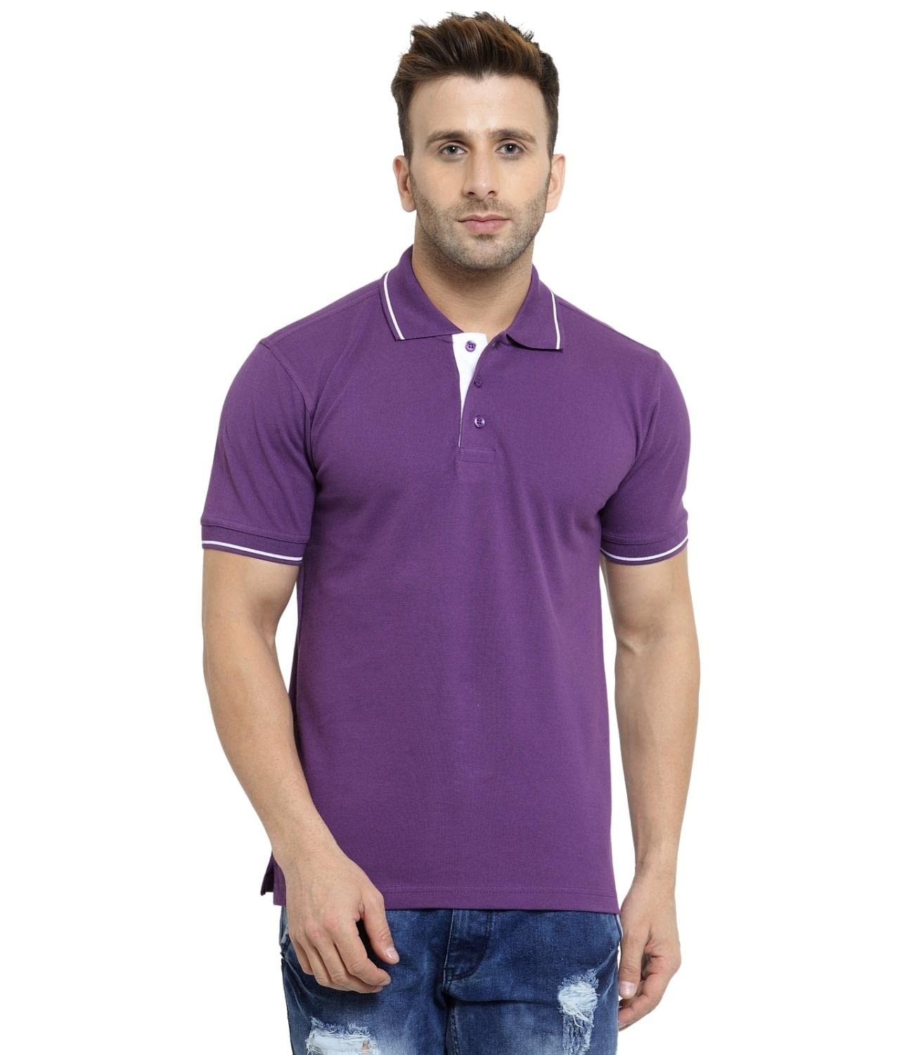 Men’s Purple Polo T-Shirt with White Collar & Sleeve Piping – Staff Uniform Men’s Purple Polo T-Shirt with White Collar & Sleeve Piping – Staff Uniform
