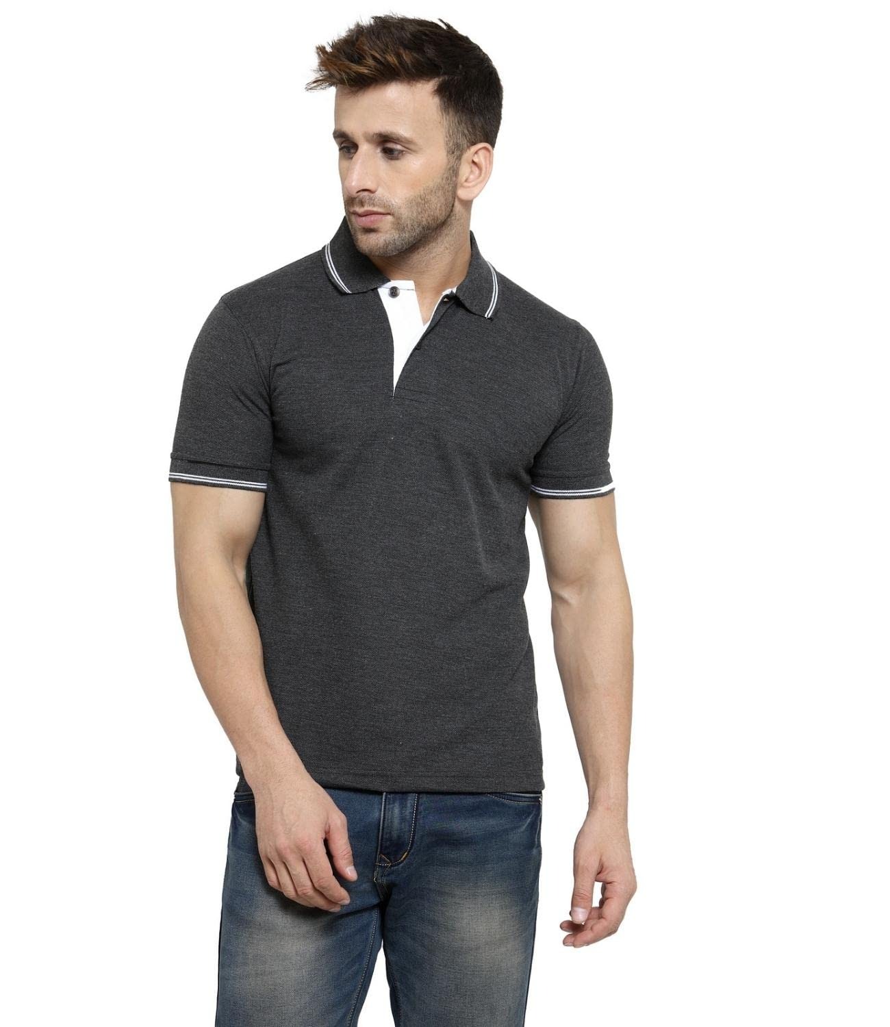 Men’s Black Polo T-Shirt with White Collar & Sleeve Piping – Staff Uniform Men’s Black Polo T-Shirt with White Collar & Sleeve Piping – Staff Uniform
